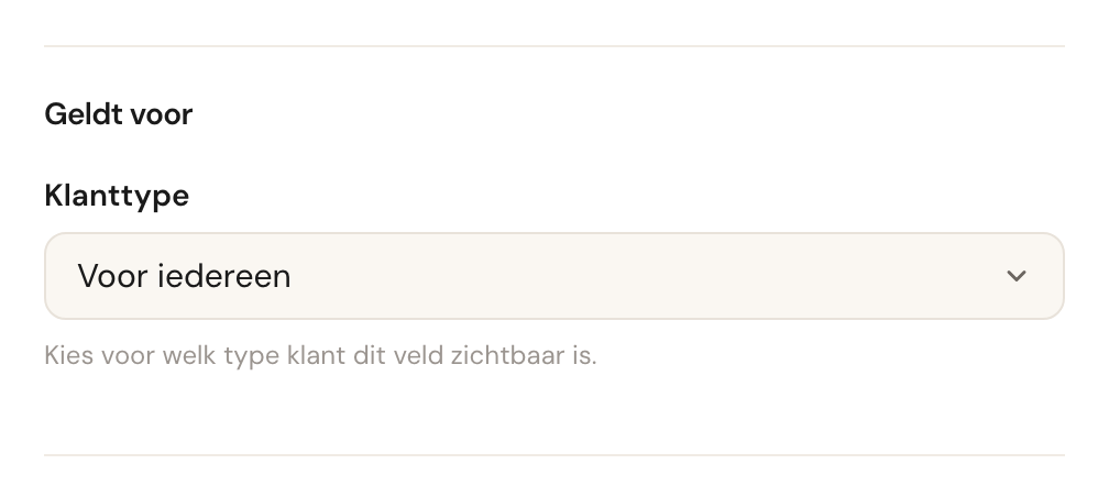 Het blok Geldt voor met een keuzelijst voor het klanttype.