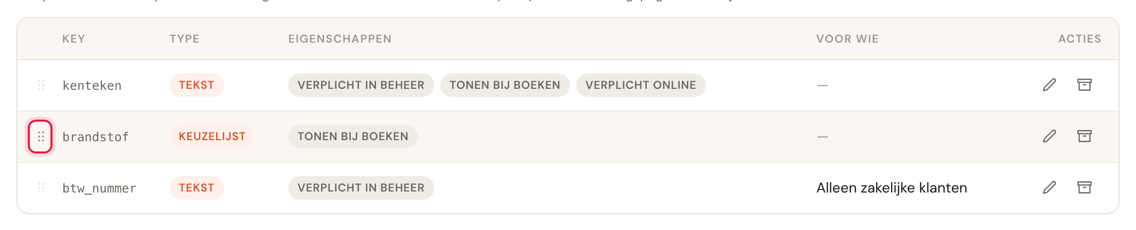 Het overzicht met het sleepgreepje links van elke rij.