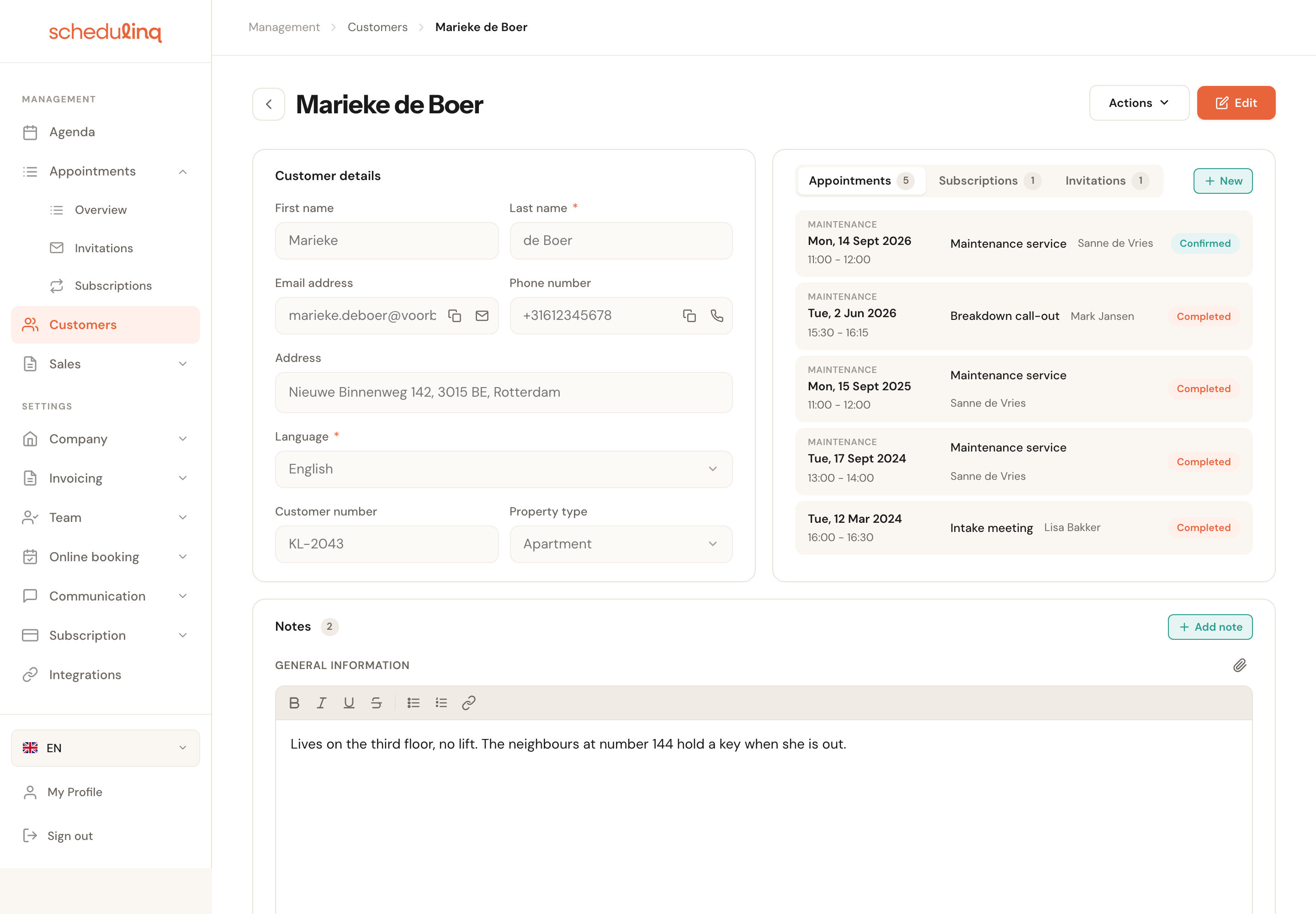 The customer record with details on the left, appointments on the right and notes underneath.