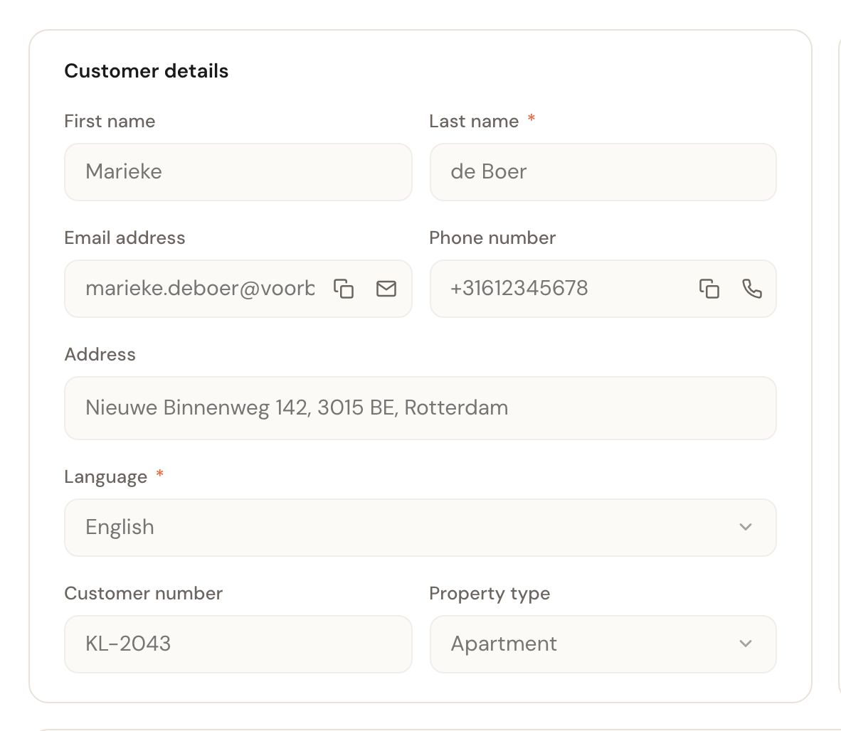 The Customer details block with name, email, phone number, address, language and two custom fields.