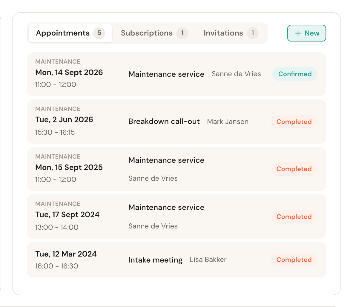 The Appointments tab with a confirmed appointment at the top and completed ones below.
