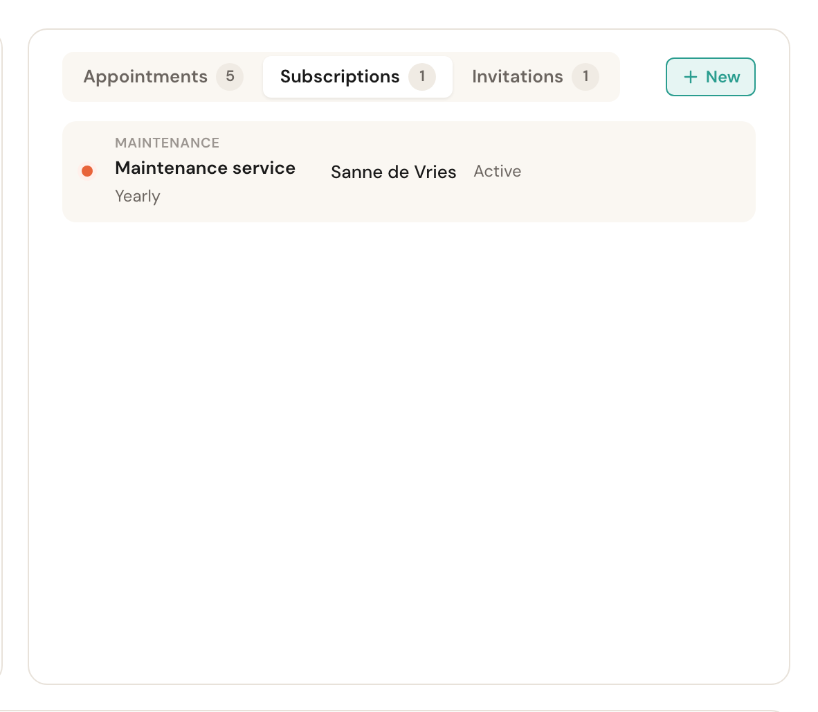 The Subscriptions tab with a running yearly maintenance subscription.
