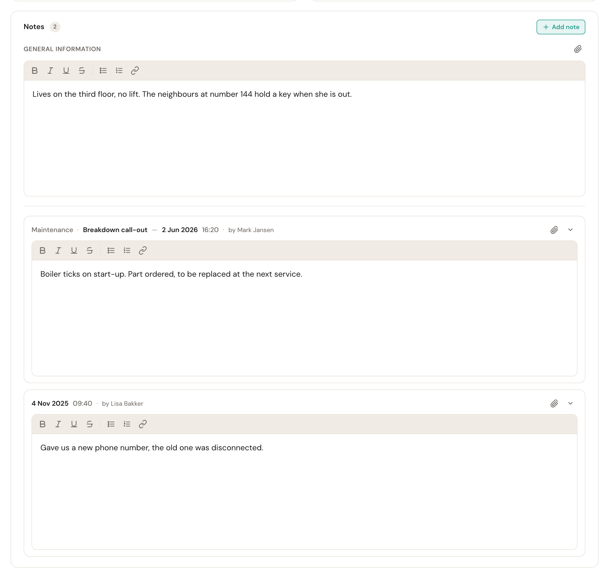 The notes dossier with General information at the top and two dated notes below.