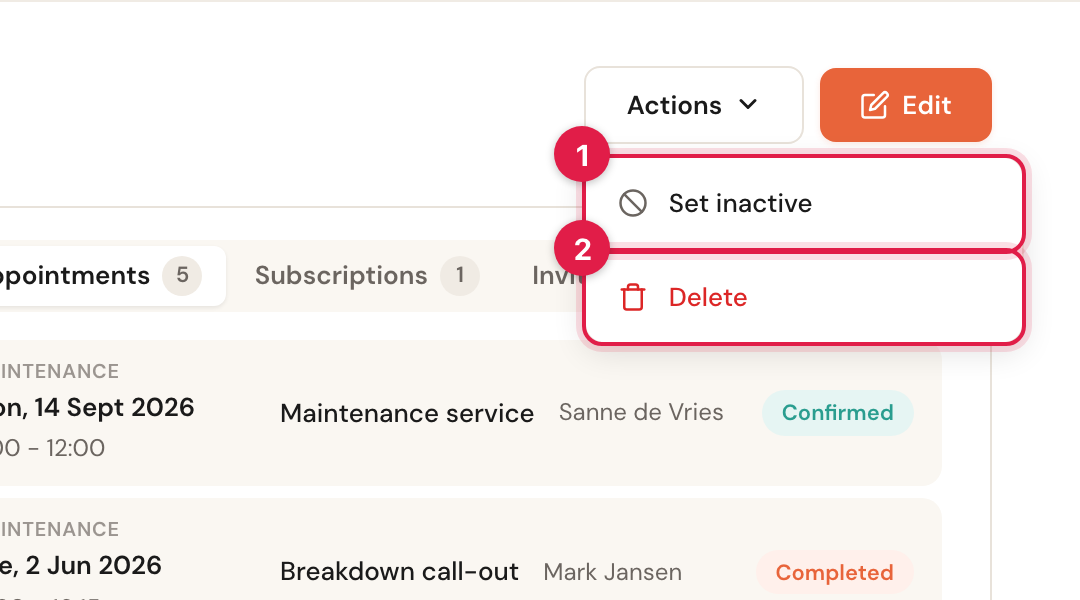 The Actions menu with Deactivate and Delete.