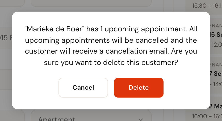 The delete confirmation, warning that upcoming appointments will be cancelled and the customer will receive a cancellation email.