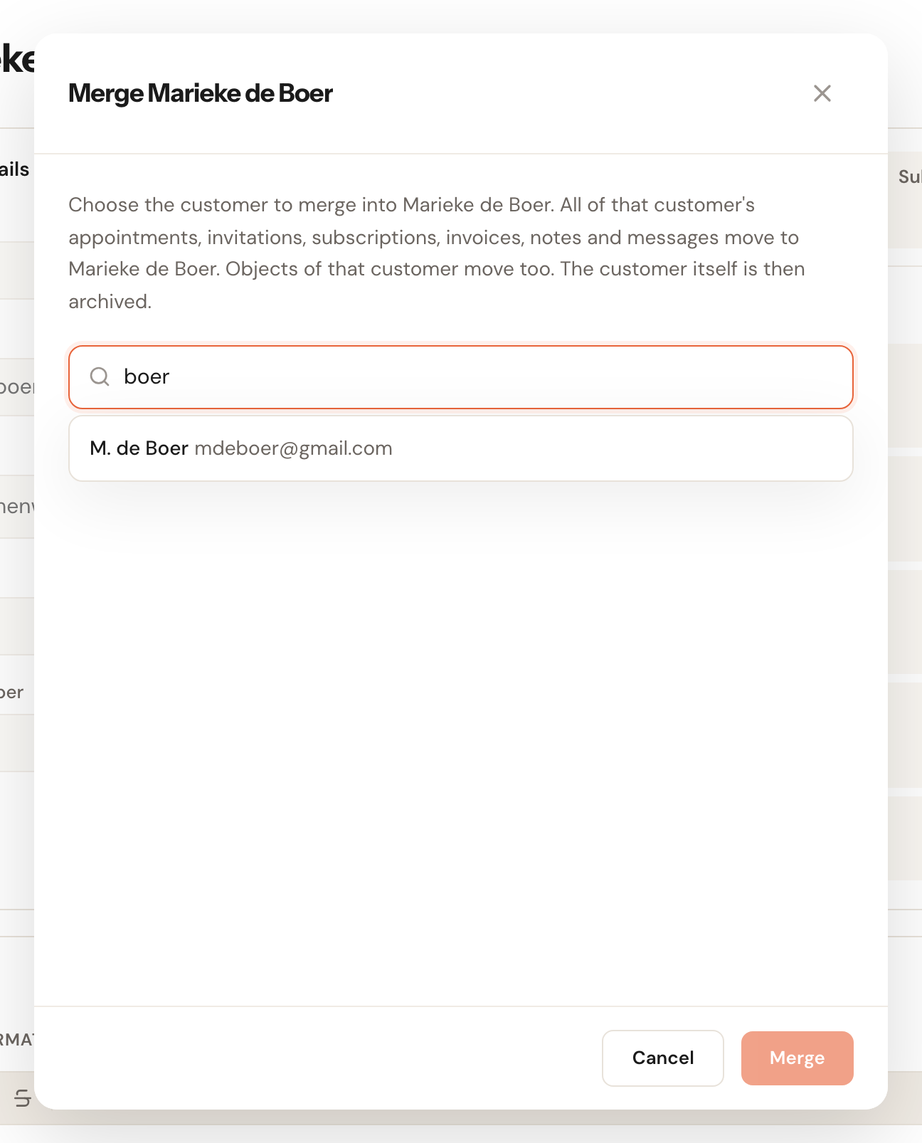 The Merge Marieke de Boer dialog with the explanation, the search field and, below it, the duplicate record M. de Boer that was found.