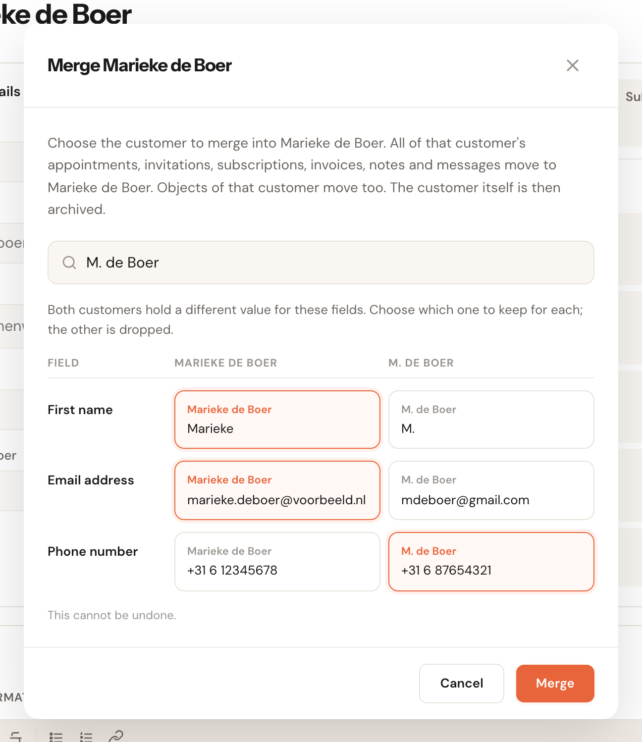 The comparison table with two cards side by side per field: for First name and Email address the value from Marieke de Boer is chosen, for Phone number the one from M. de Boer.