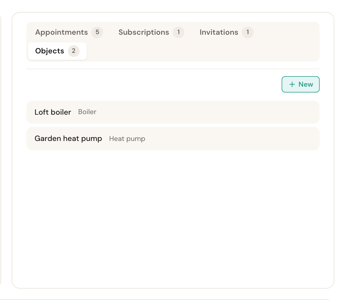 The Objects tab with two objects, Loft boiler of the type Boiler and Garden heat pump of the type Heat pump, and the New button.