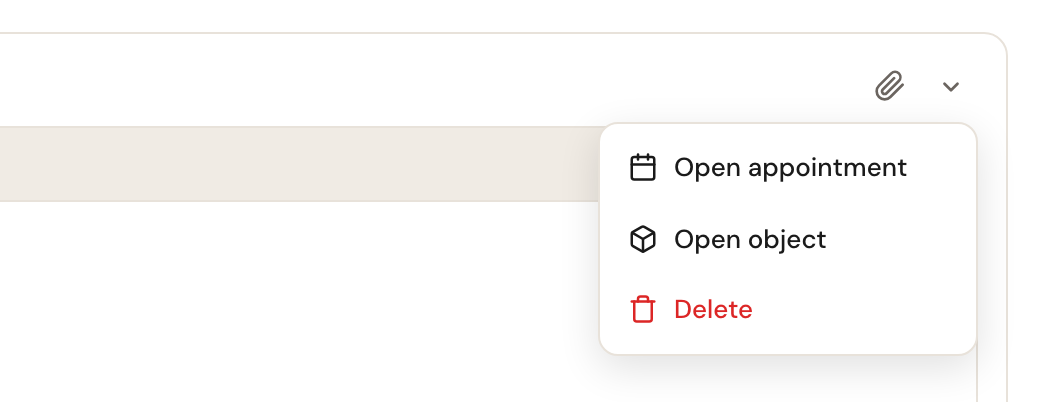 The menu of a dated note, opened with the arrow at its top right: Open appointment, Open object and Delete.