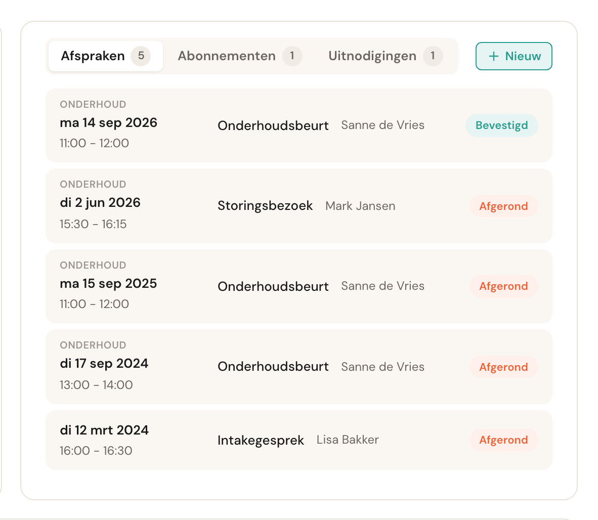 Het tabblad Afspraken met een bevestigde afspraak bovenaan en daaronder afgeronde afspraken.