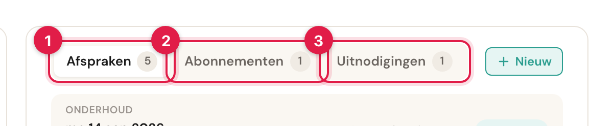 De drie tabbladen Afspraken, Abonnementen en Uitnodigingen, genummerd.