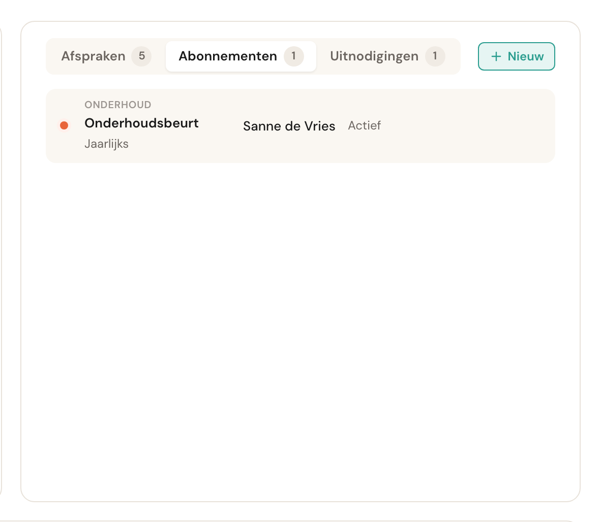 Het tabblad Abonnementen met een lopend jaarlijks onderhoudsabonnement.