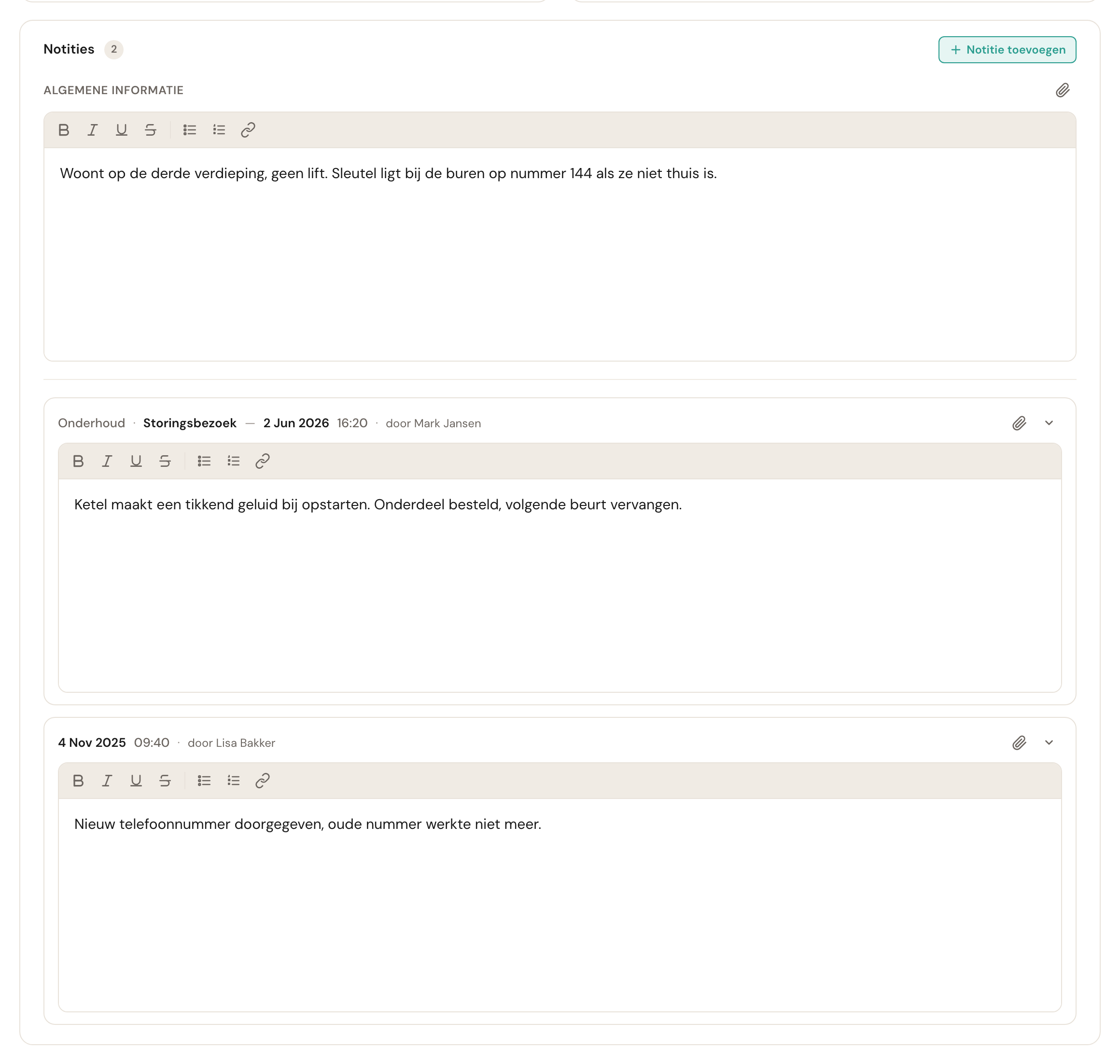 Het notitieblok met bovenaan Algemene informatie en daaronder twee gedateerde notities.