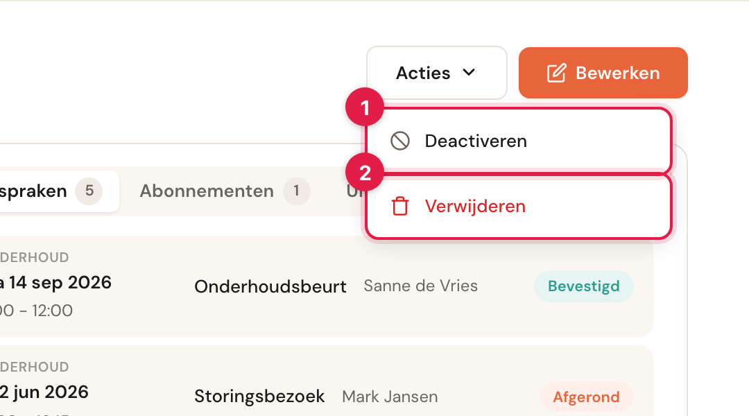 Het menu Acties met de opties Deactiveren en Verwijderen.