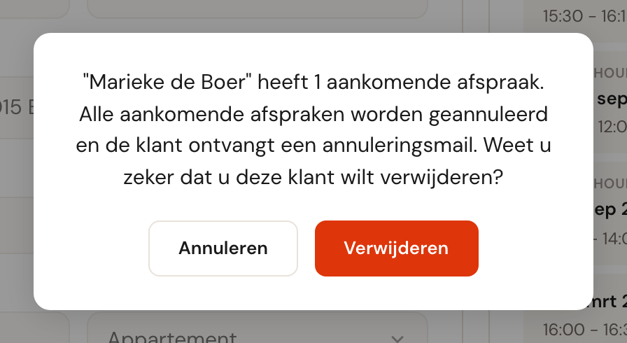 De bevestigingsvraag bij verwijderen, met de melding dat aankomende afspraken worden geannuleerd en de klant een annuleringsmail ontvangt.