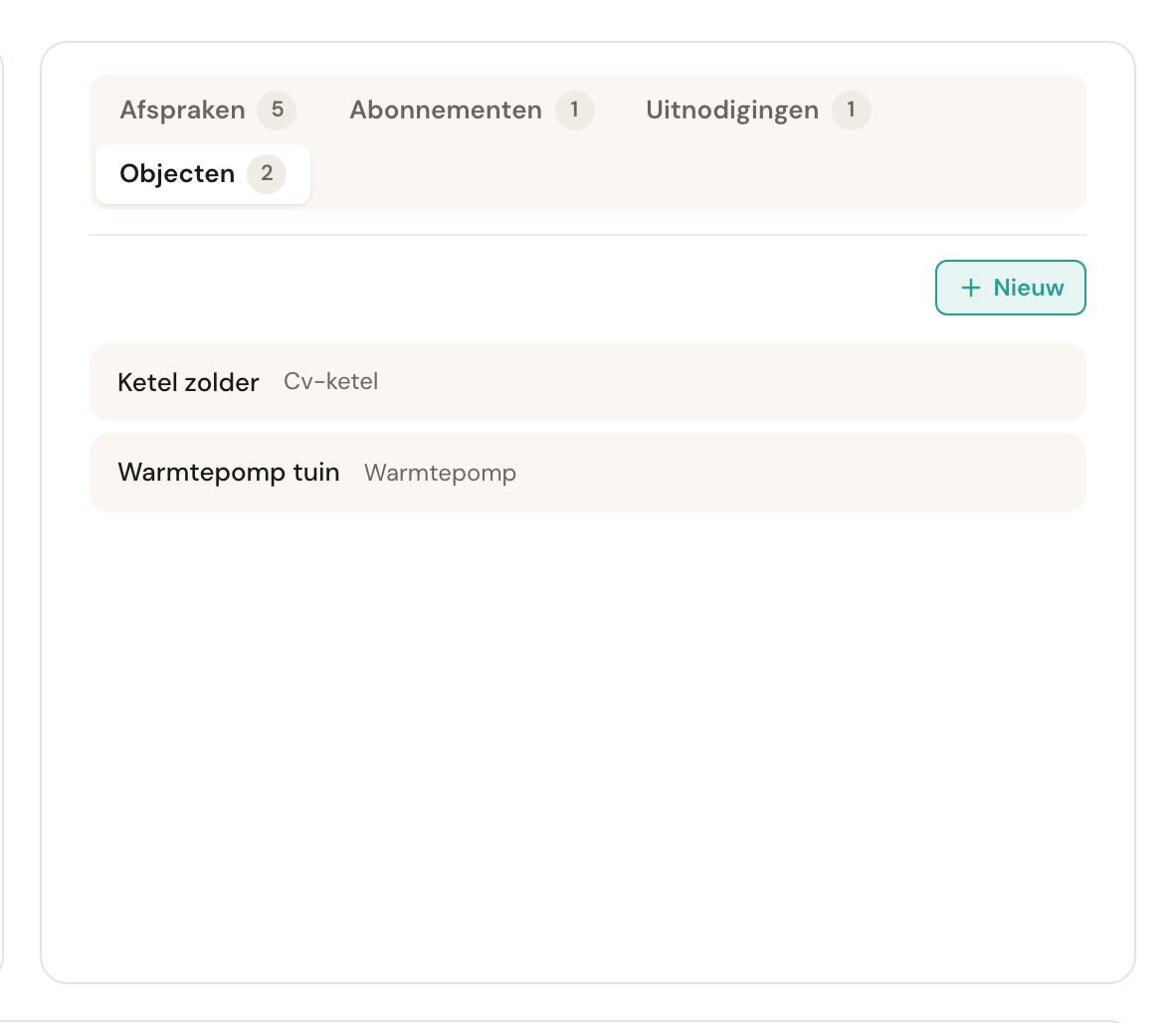Het tabblad Objecten met twee objecten, Ketel zolder van het type Cv-ketel en Warmtepomp tuin van het type Warmtepomp, en de knop Nieuw.