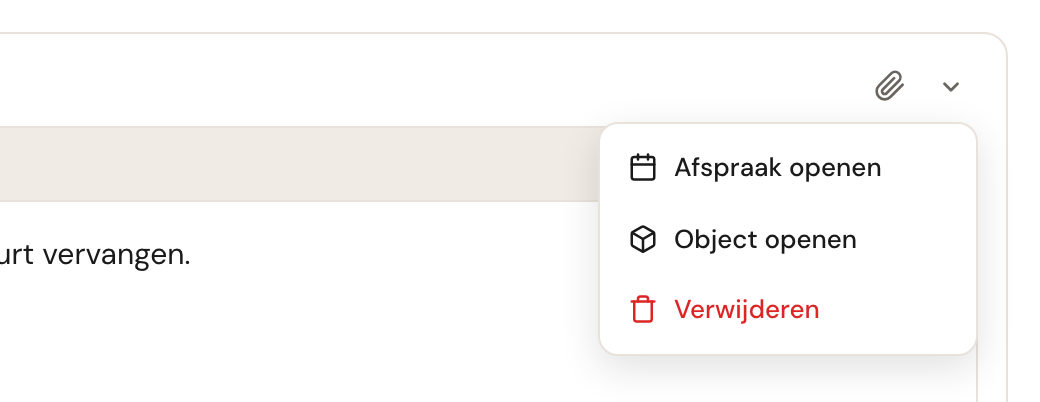 Het menu van een notitie met een datum, geopend met het pijltje rechtsboven: Afspraak openen, Object openen en Verwijderen.