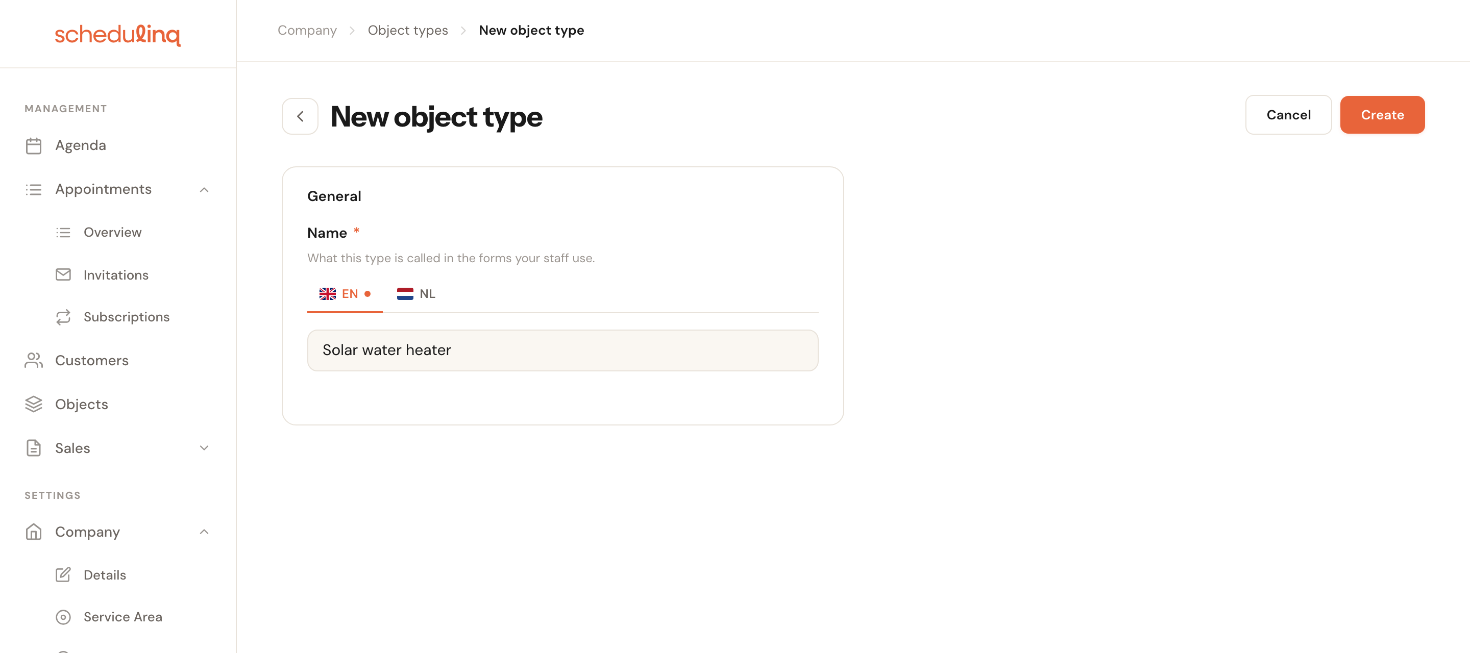 The New object type form with the Name field and a tab per language, filled in with Solar water heater.