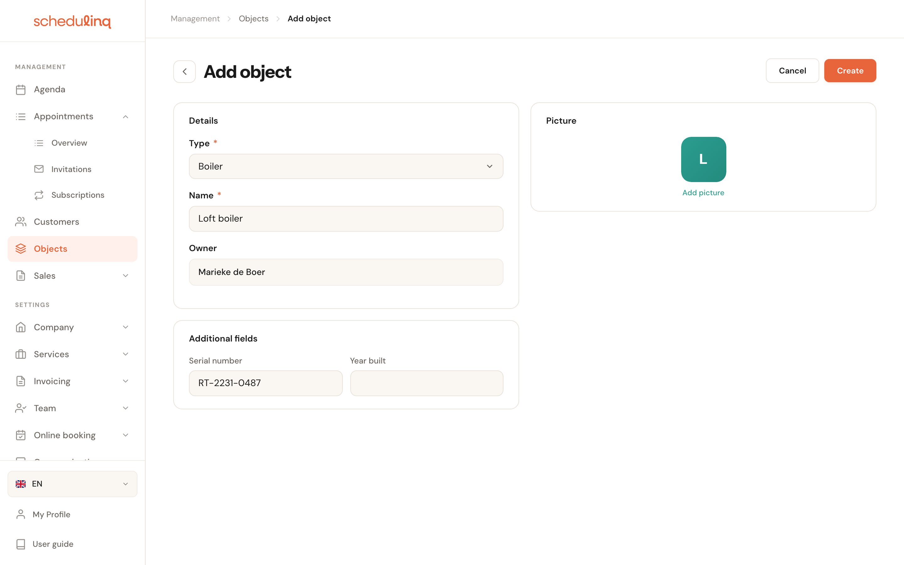 Add an object to a customer, with the fields that belong to its type.