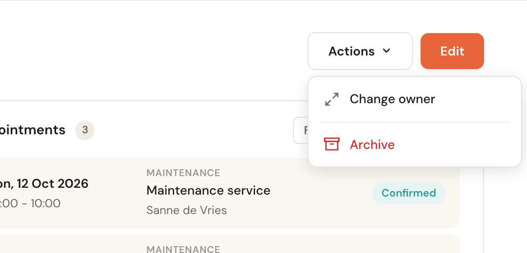 The Actions menu with Change owner and Archive.
