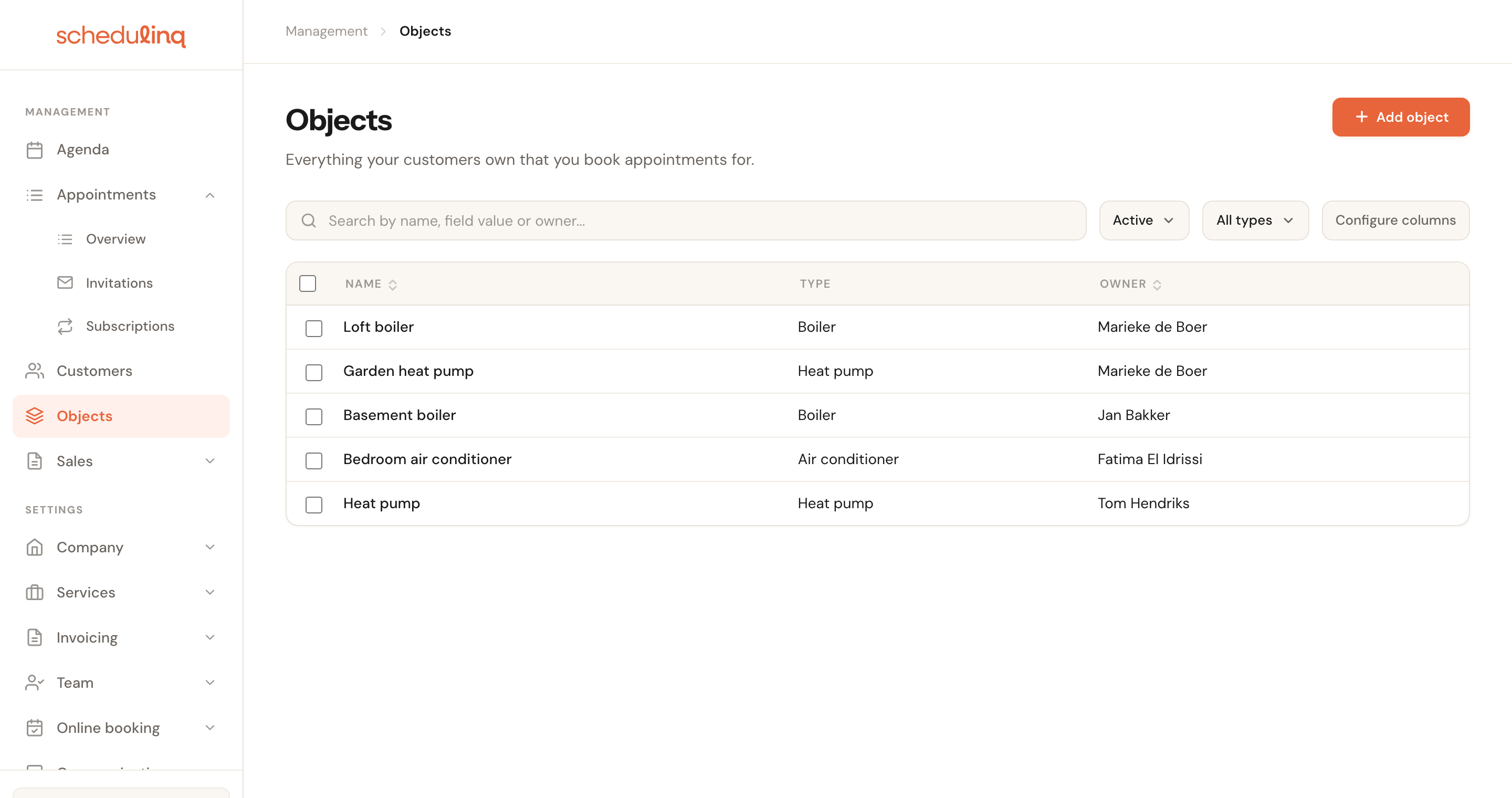 The Objects overview with a search field, the Active and All types filters, the Configure columns button and a table with the columns Name, Type and Owner.