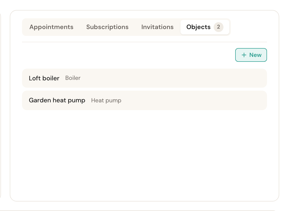 The Objects tab on the customer record with two objects, Loft boiler and Garden heat pump, and the New button.