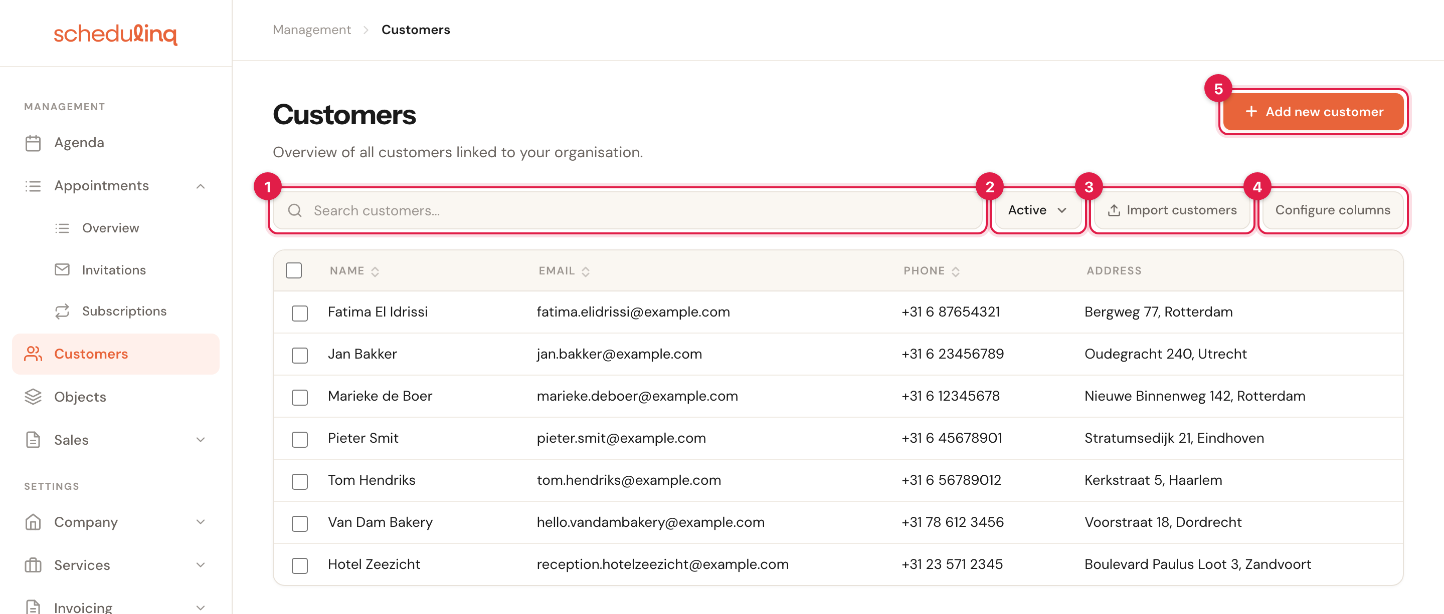 The Customers overview with seven customers, five people and two businesses, and numbered markers on the search box, the Active filter, the Import customers and Configure columns buttons and the Add new customer button.