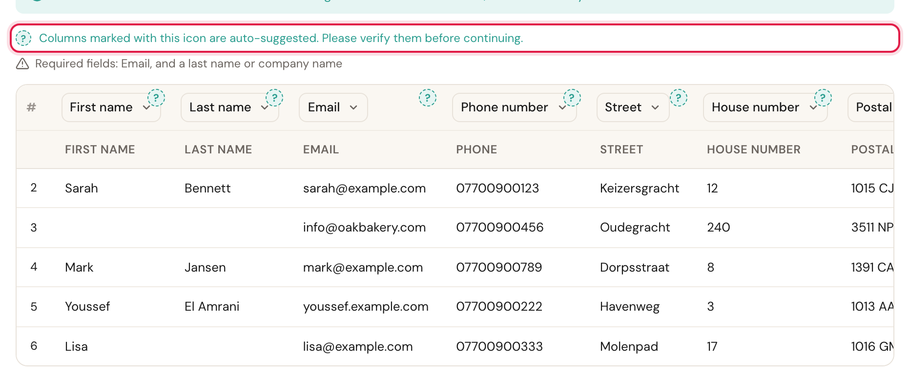 The mapping table with the auto-suggestion notice highlighted.