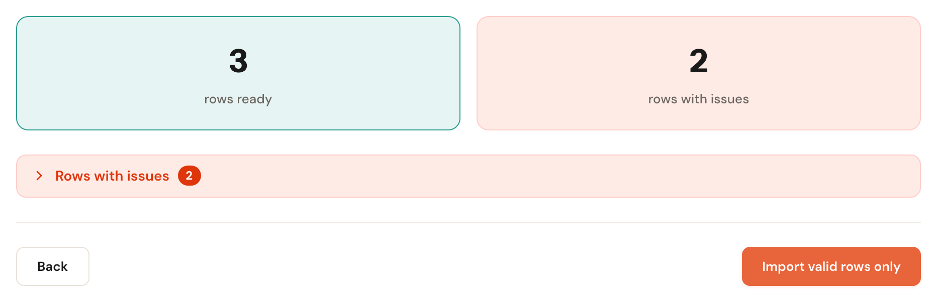 The review step showing 3 rows ready and 2 rows with issues.