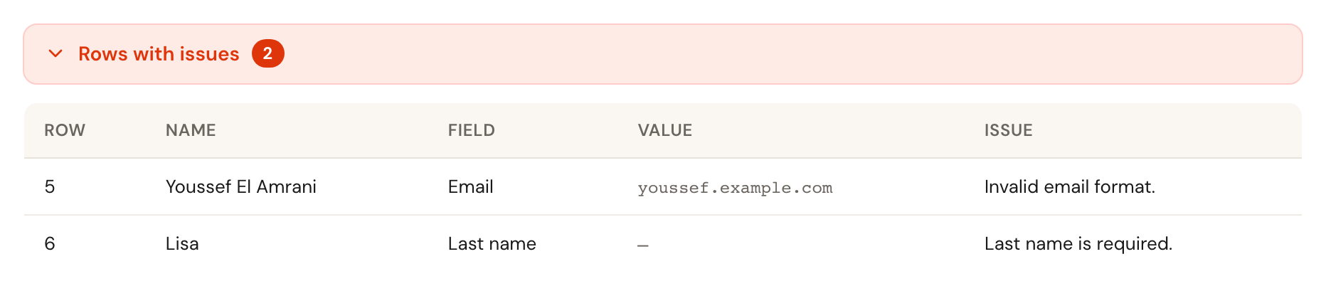 The issue table: row number, name, field, value and the problem.