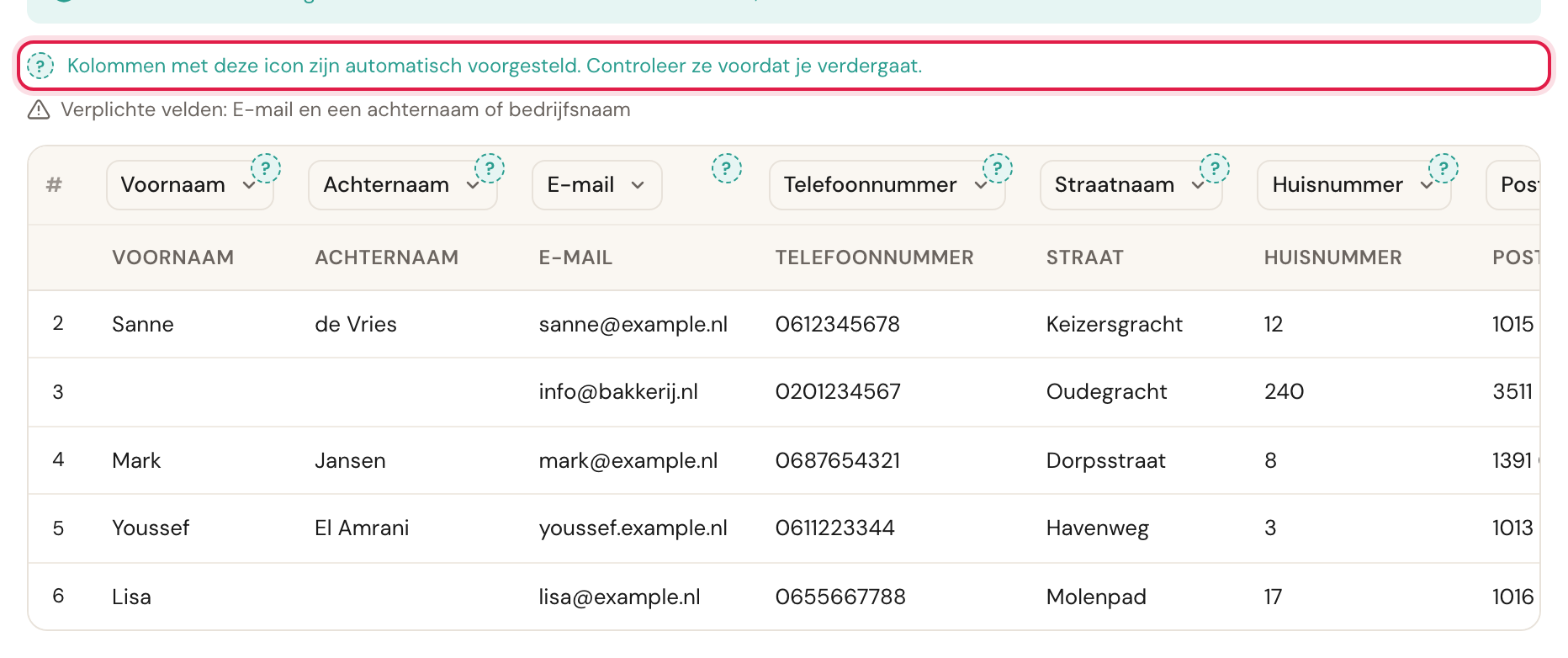 De koppeltabel met de melding over automatisch voorgestelde kolommen gemarkeerd.