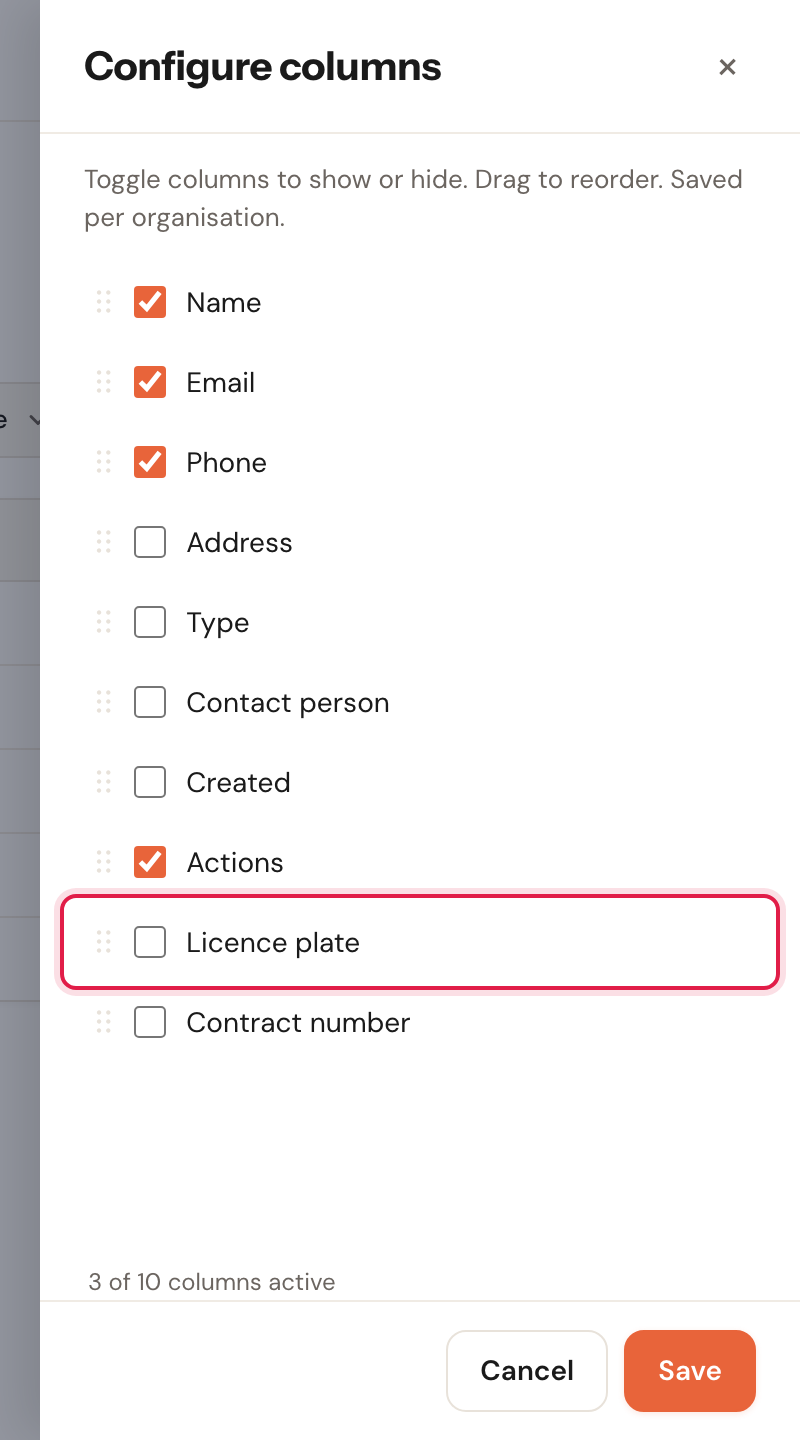 The panel with a custom field, Licence plate, highlighted at the bottom of the list.