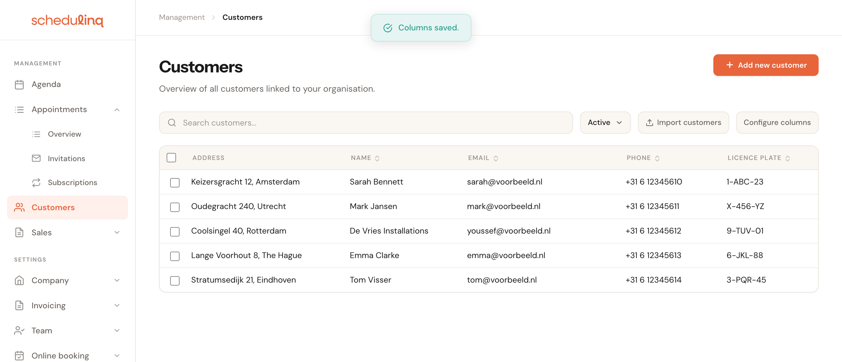 The customer overview with Address first and a Licence plate column added.
