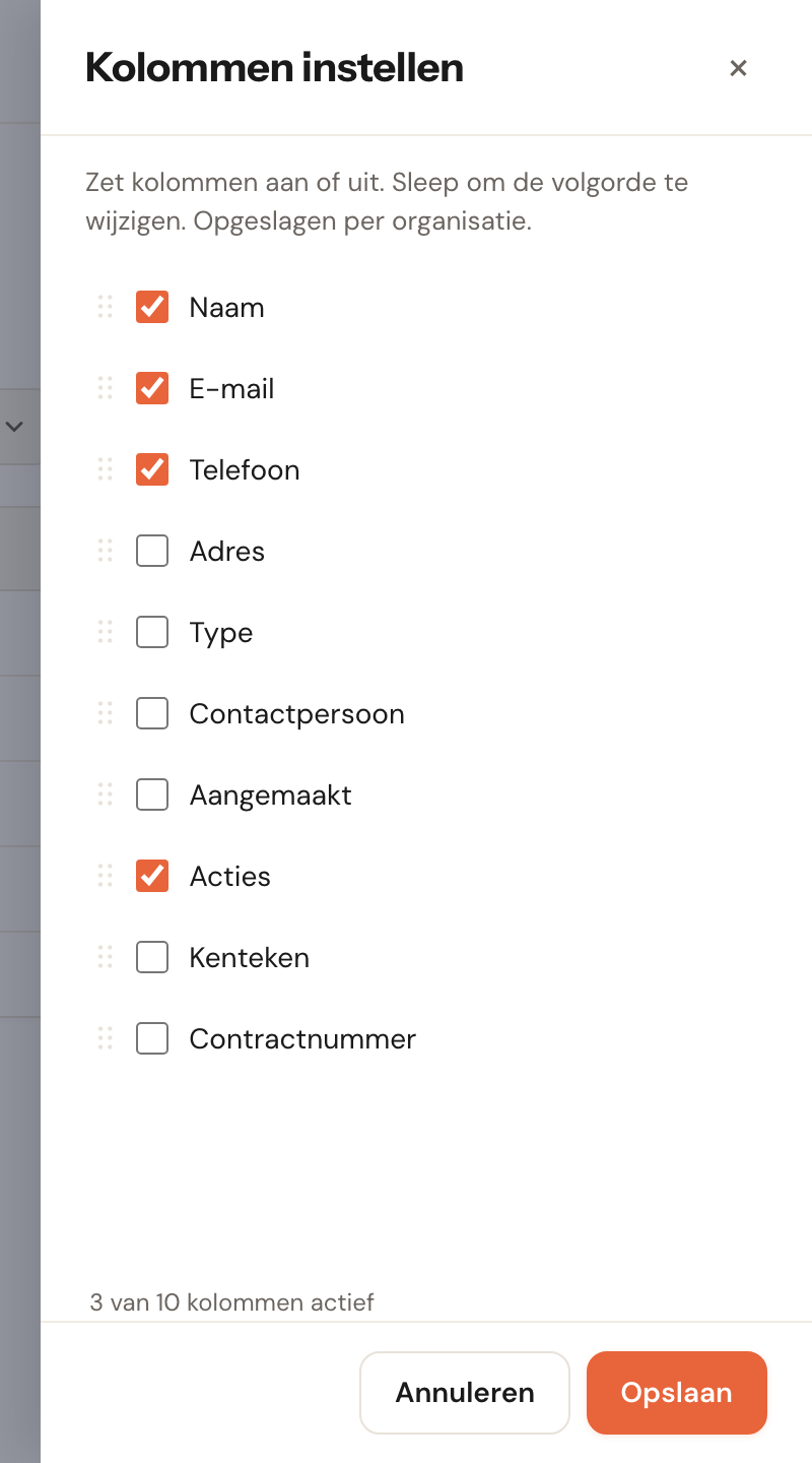 Het paneel Kolommen instellen met de beschikbare kolommen en hun vinkjes.
