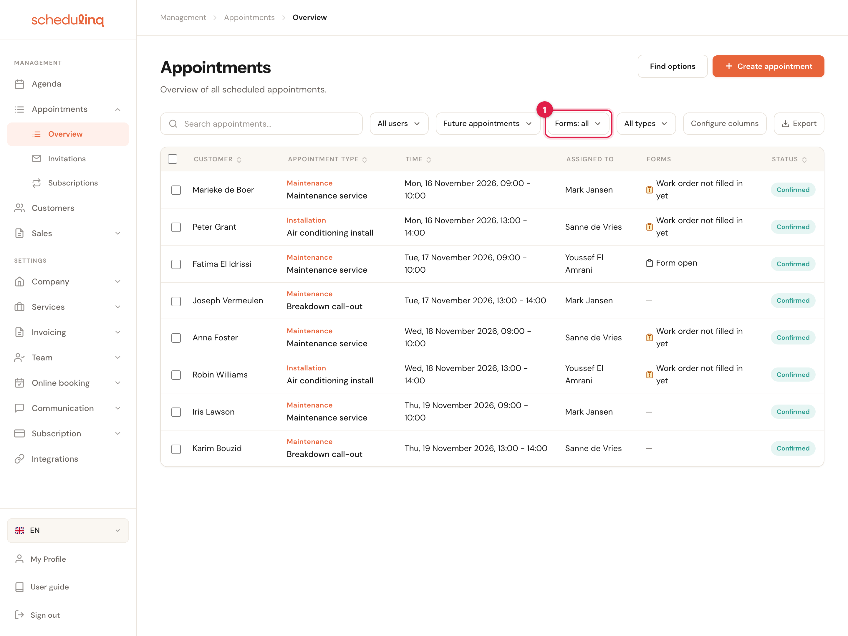 The appointments overview with the filter Forms: all (marked 1) and the Forms column: four appointments with Work order not filled in yet and an orange clipboard, one with Form open and a plain clipboard, and three with a dash.