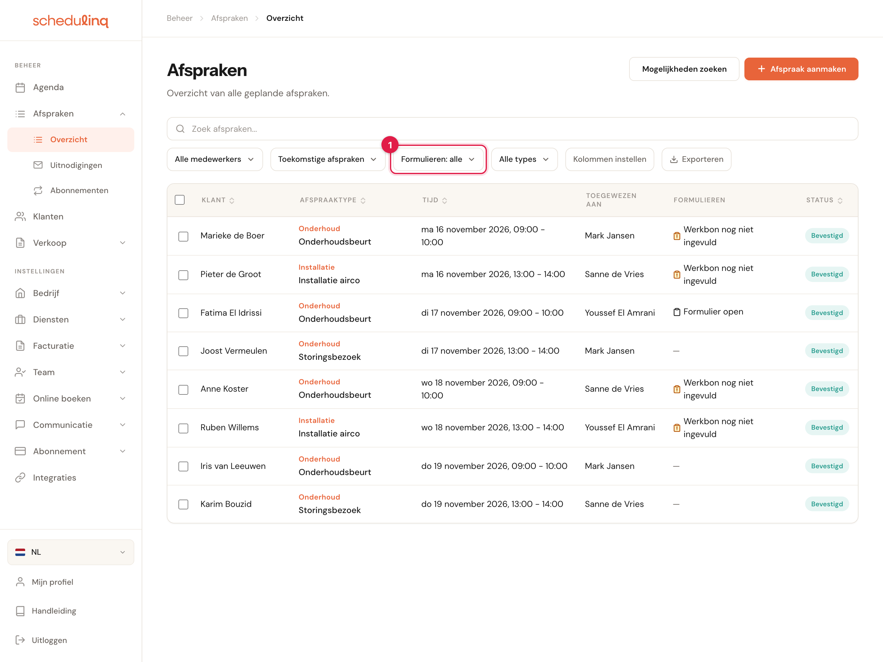 Het afsprakenoverzicht met het filter Formulieren: alle (gemarkeerd met 1) en de kolom Formulieren: bij vier afspraken Werkbon nog niet ingevuld met een oranje klembordje, bij één Formulier open met een gewoon klembordje, en bij drie een streepje.