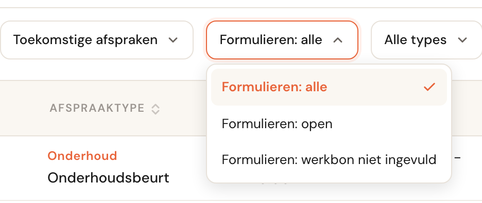 Het filter open, met Formulieren: alle, Formulieren: open (gekozen) en Formulieren: werkbon niet ingevuld.