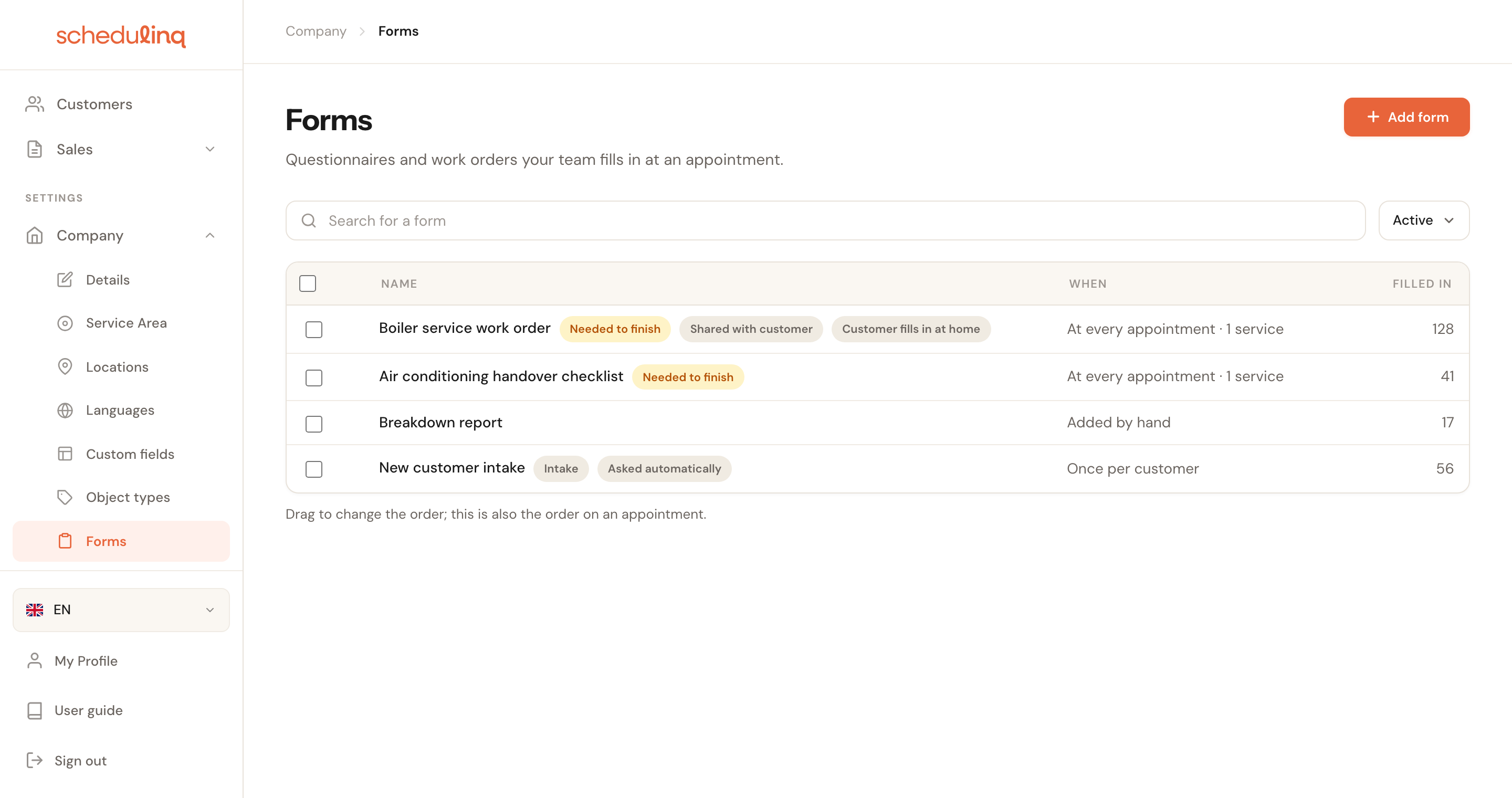 Company, Forms: the overview with a search field, the Active filter and a table of four forms with their badges, the columns Name, When and Filled in, and under the table Drag to change the order; this is also the order on an appointment.