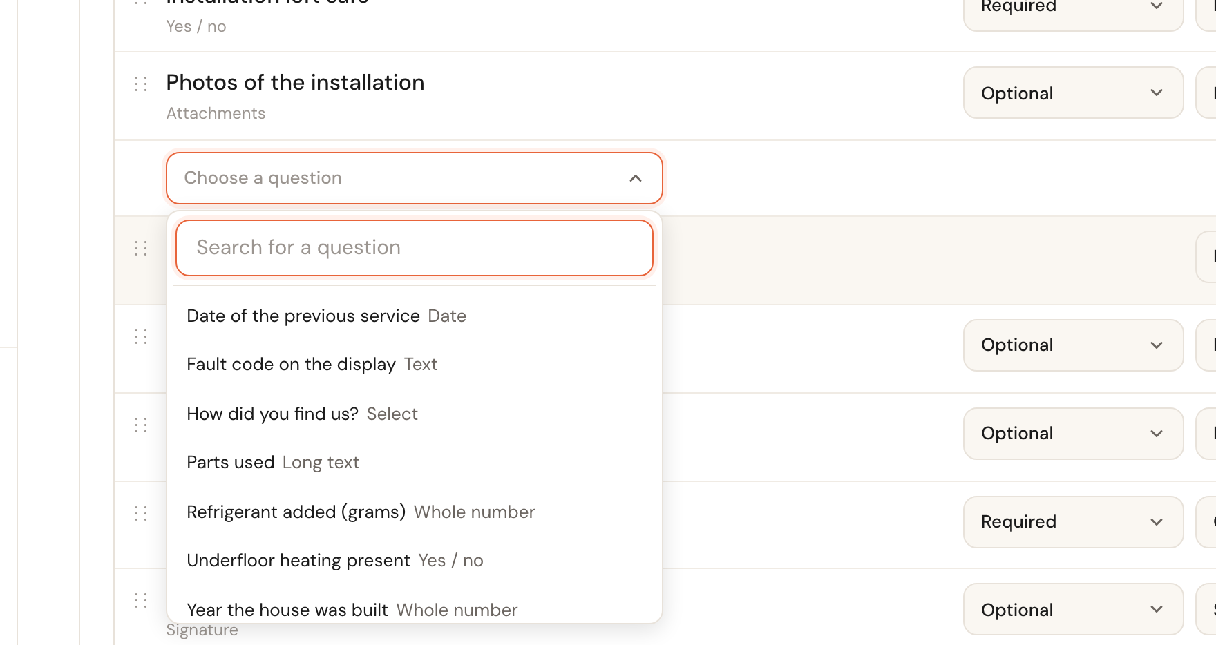 Under the section, Add question has become a dropdown, Choose a question, with a search field and the questions not yet on the form, each with its type: Year the house was built (Whole number), Date of the previous service (Date), Parts used (Long text), How did you find us? (Select) and more.