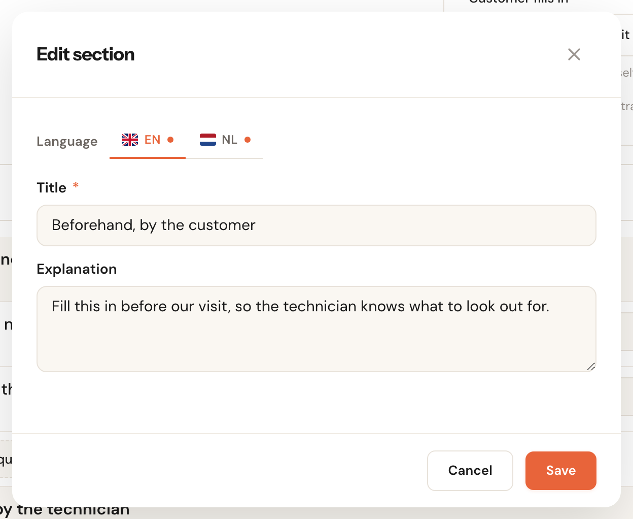 The Edit section window with the language tabs EN and NL, the Title field with Beforehand, by the customer, and the Explanation field with Fill this in before our visit, so the technician knows what to look out for.