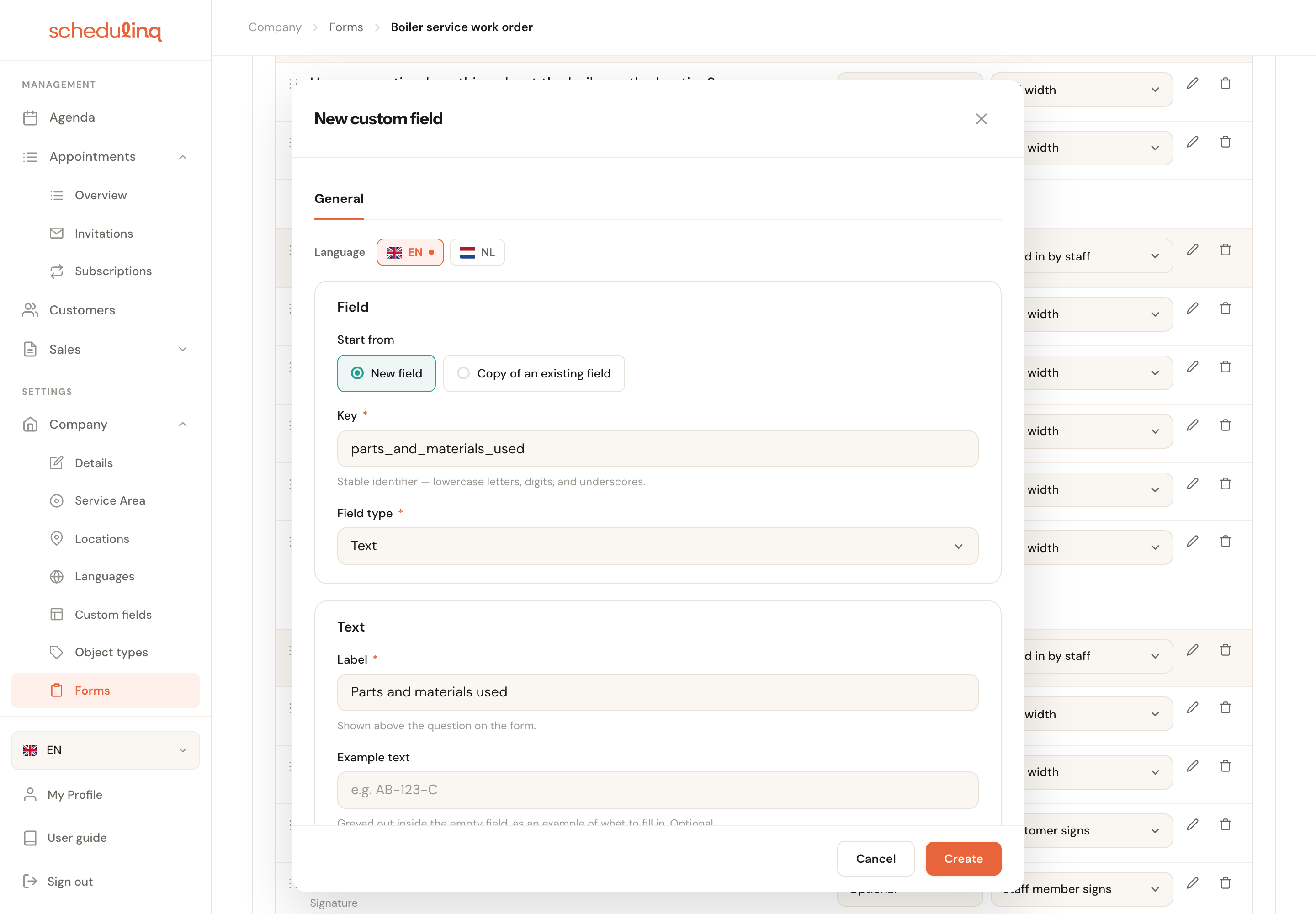The New custom field window over the form page: the language choice EN and NL, the Field card with Start from (New field chosen, or Copy of an existing field), Key parts_and_materials_used and Field type Text, and the Text card with the Label Parts and materials used and the hint Shown above the question on the form.