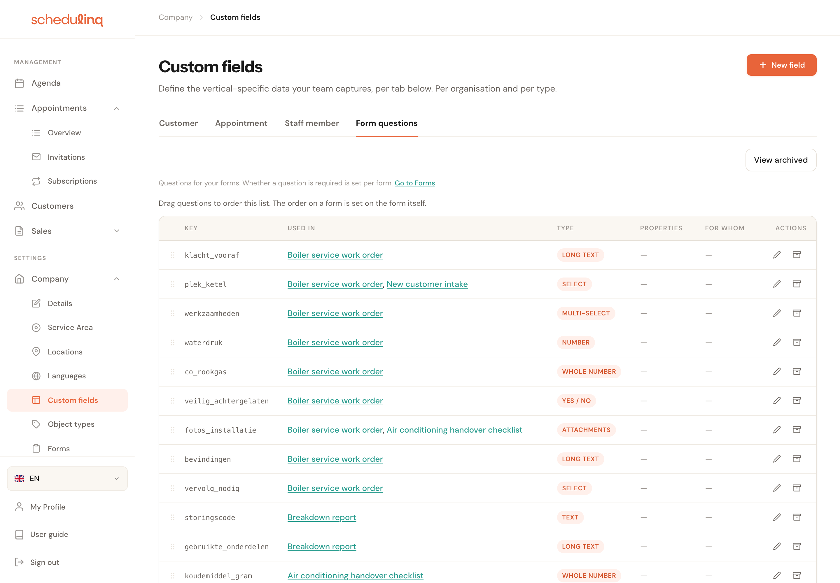 Company, Custom fields, the Form questions tab: the hint Questions for your forms. Whether a question is required is set per form. Go to Forms, and a table with the columns Key, Used in, Type, Properties, For whom and Actions. For plek_ketel, Used in reads Boiler service work order, New customer intake.