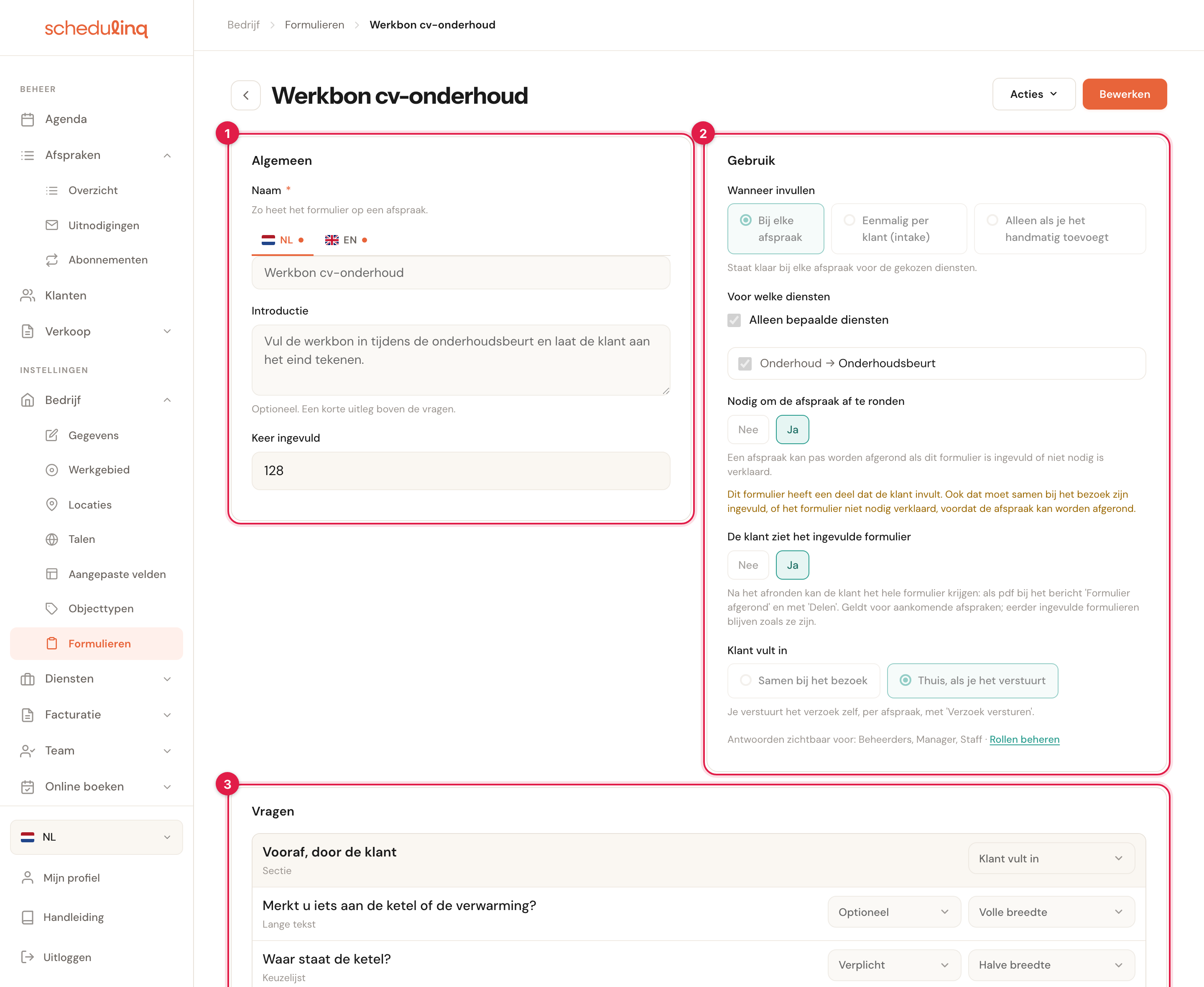De pagina van Werkbon cv-onderhoud in leesmodus, met genummerd: 1 de kaart Algemeen (naam, introductie, Keer ingevuld 128), 2 de kaart Gebruik (Bij elke afspraak, Onderhoudsbeurt, Nodig om af te ronden Ja, De klant ziet het ingevulde formulier Ja, Klant vult in Thuis, als je het verstuurt) en 3 het begin van de kaart Vragen.