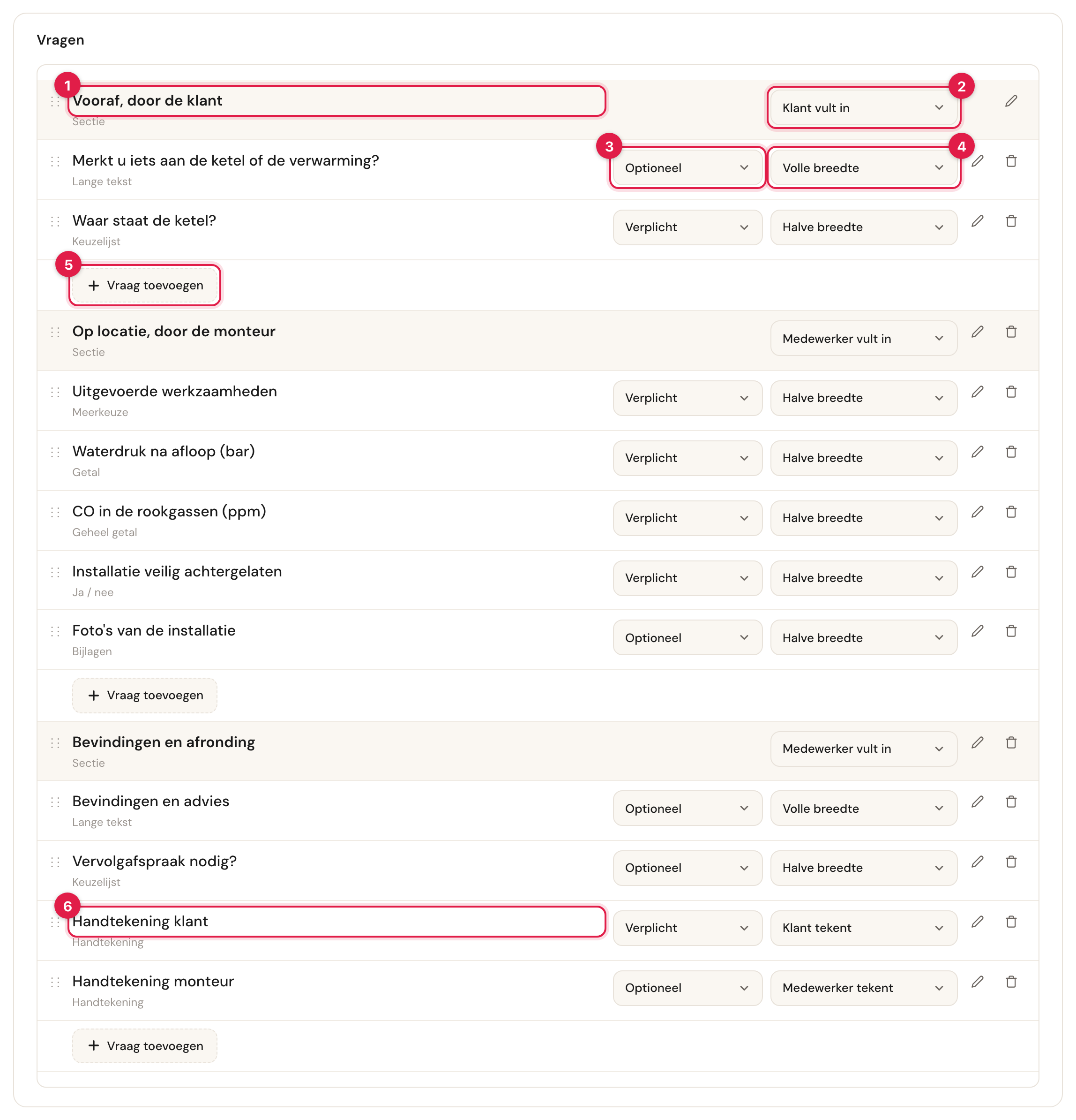 De kaart Vragen tijdens het bewerken, met genummerd: 1 de sectie Vooraf, door de klant, 2 het menu Klant vult in naast die sectie, 3 Optioneel bij de eerste vraag, 4 Volle breedte bij de eerste vraag, 5 de knop Vraag toevoegen onder de sectie, 6 de rij Handtekening klant in de sectie Bevindingen en afronding, met Verplicht en Klant tekent. Elke rij heeft rechts een potlood en een prullenbak.