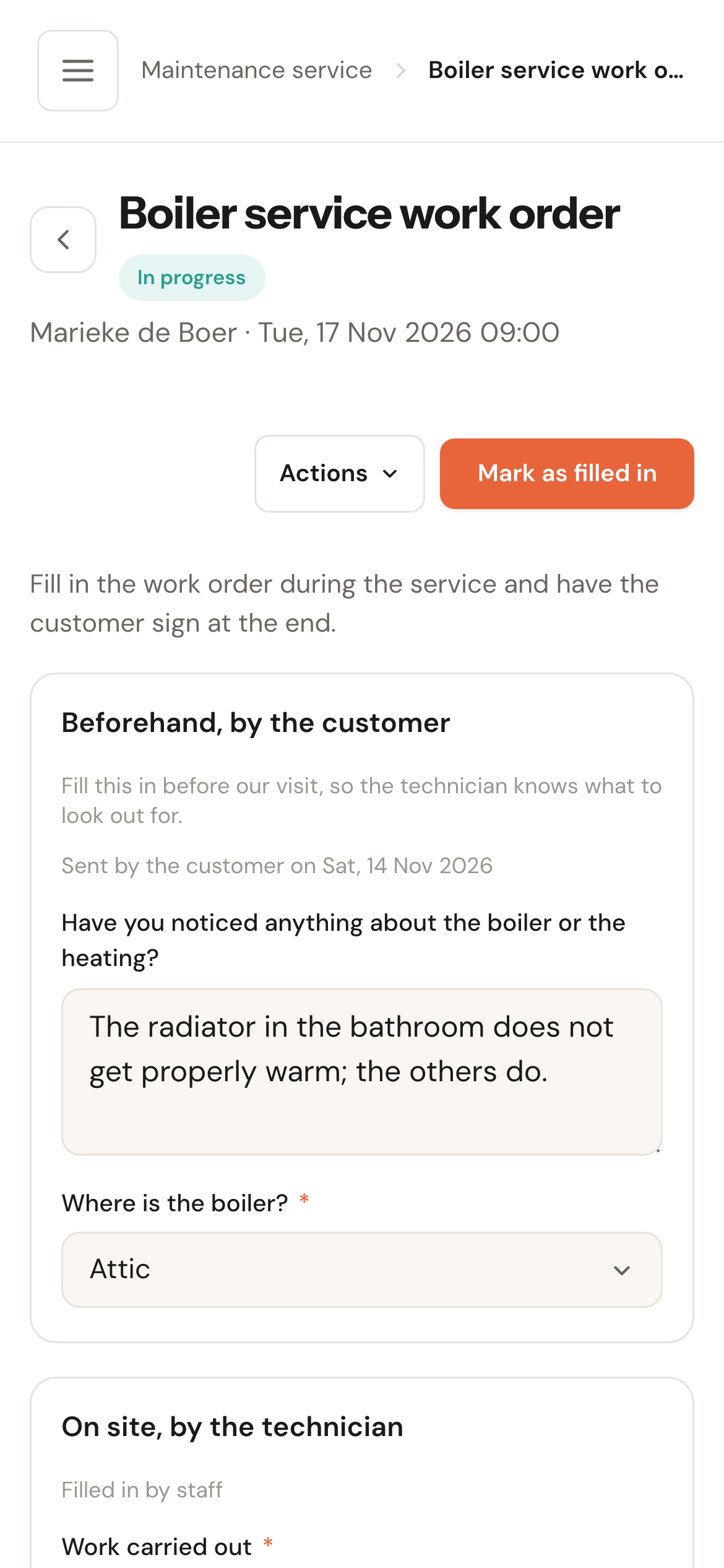 The work order on a phone: the title with In progress, the Actions and Mark as filled in buttons, the introduction and the section Beforehand, by the customer with the customer's answers.