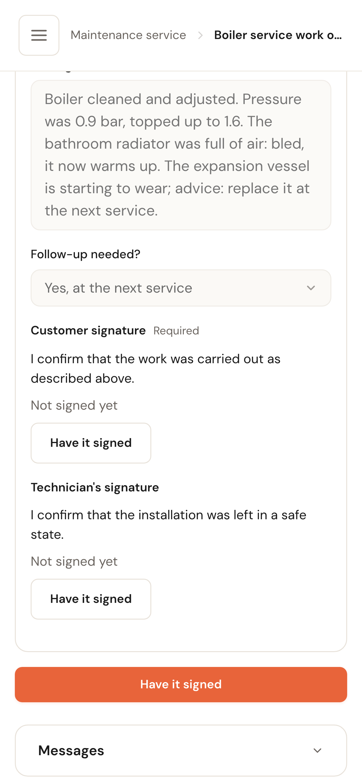 The bottom of the work order on a phone: Customer signature, Required, the statement and Not signed yet with the Have it signed button; Technician's signature with Have it signed; and at the bottom the wide orange Have it signed button.
