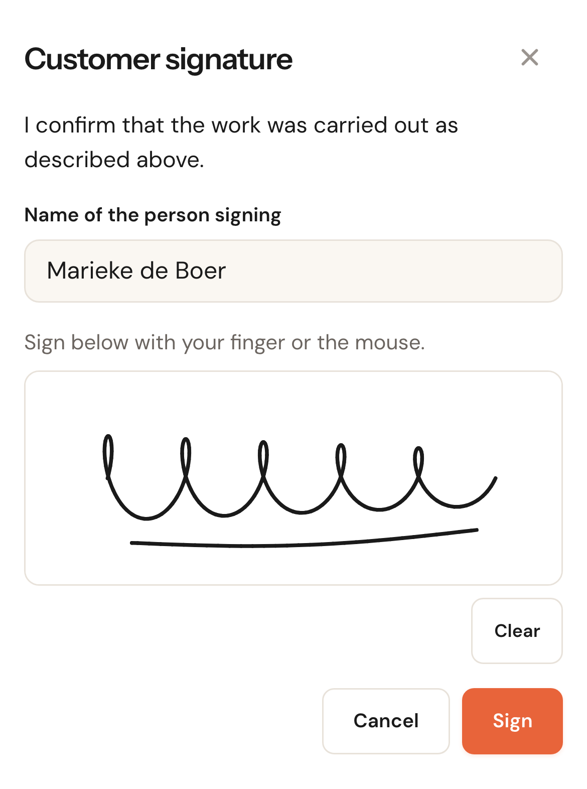 The Customer signature screen: the statement, the field Name of the person signing with Marieke de Boer, the text Sign below with your finger or the mouse, the pad with a signature, and the buttons Clear, Cancel and Sign.