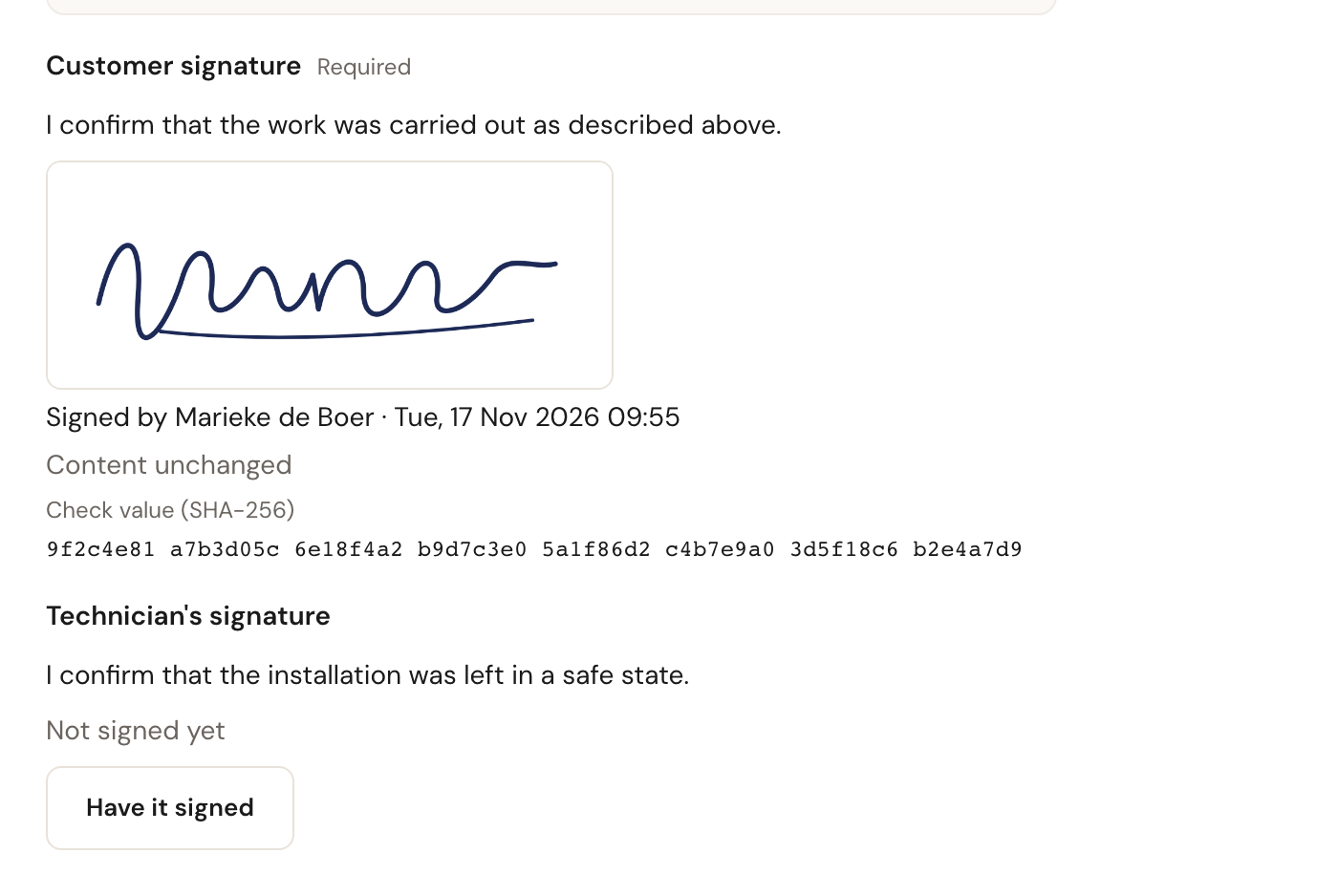 The signature on the form: Customer signature, Required, the statement, the drawn signature, Signed by Marieke de Boer, Tue, 17 Nov 2026 09:55, Content unchanged and the Check value (SHA-256) in eight groups.