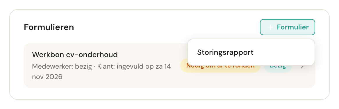De kaart Formulieren met het menu van + Formulier open, met daarin Storingsrapport.