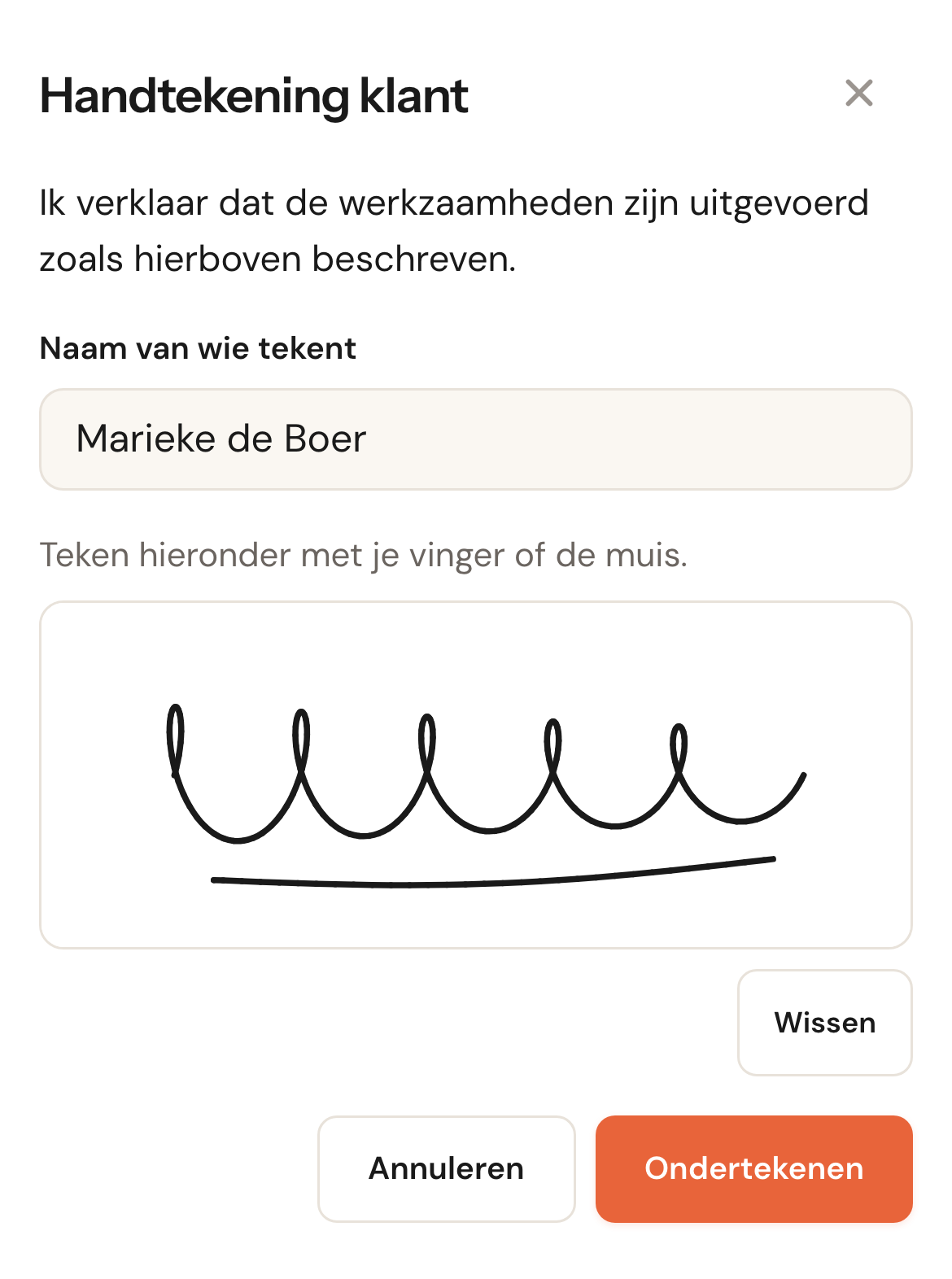 Het tekenscherm Handtekening klant: de verklaring, het veld Naam van wie tekent met Marieke de Boer, de tekst Teken hieronder met je vinger of de muis, het tekenvlak met een handtekening, en de knoppen Wissen, Annuleren en Ondertekenen.